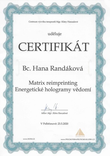 certifikát EFT Matrix reimprinting