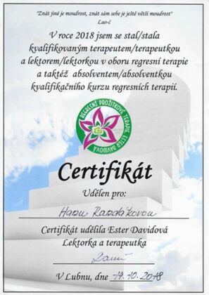 certifikát Regresní terapie E. Davidová
