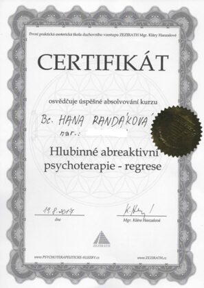 certifikát Hlubinná abreaktivní terapie /regresní terapie/