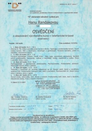 certifikat Výcvik telefonické krizové intervence